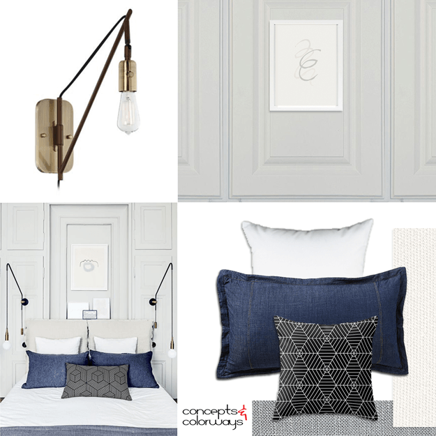 antique white and denim interior mood board