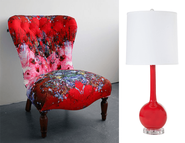 bright red custom upholstered chair and lamp