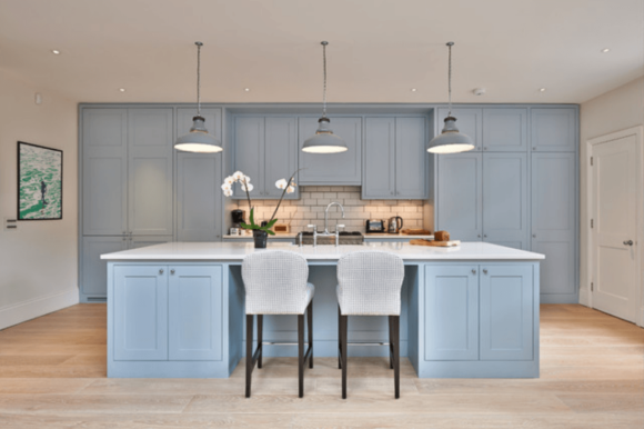 modern kitchen with powder blue cabinets