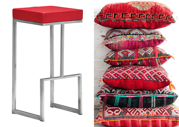 bright red moroccan pillows and modern bar stool