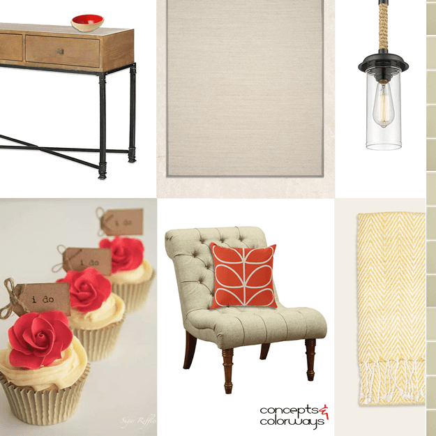 khaki and poppy red interior mood board