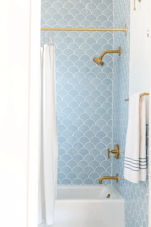 retro shower with powder blue scallop tile