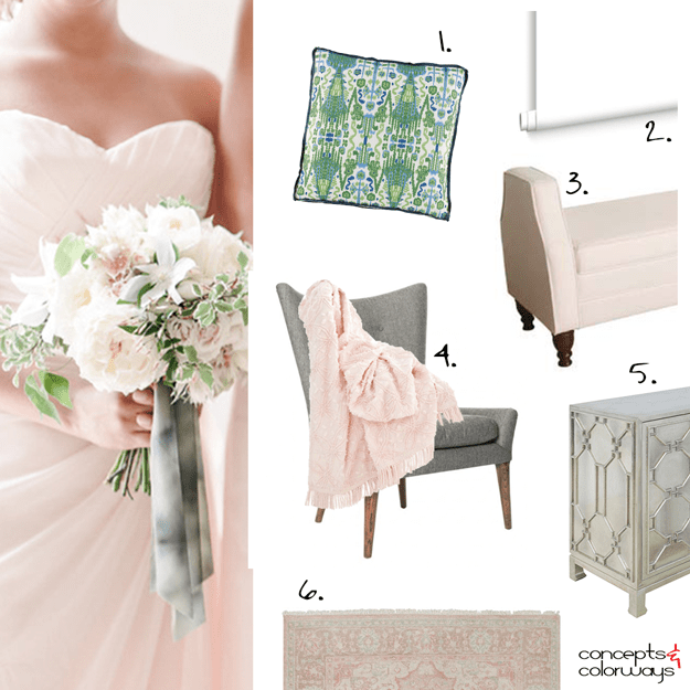 blush pink and green interior design mood board