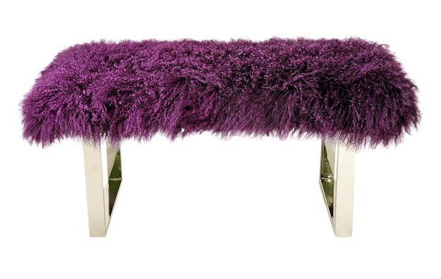 modern bench with purple curly fur upholstery