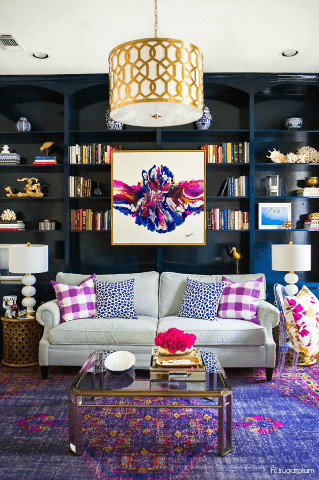 colorful living room with purple accents