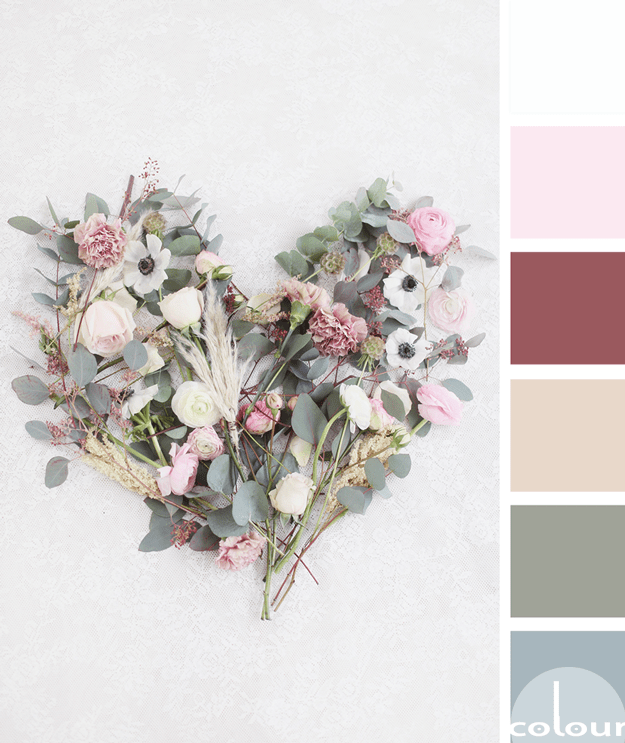 heart shaped flower arrangement color palette