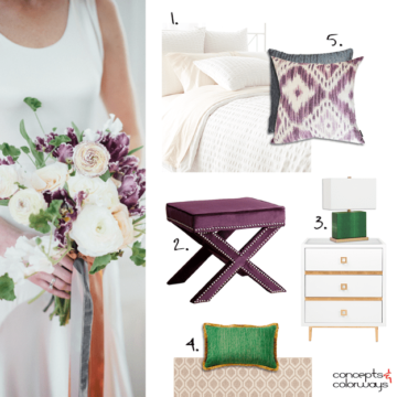 white bedroom with purple and green accents