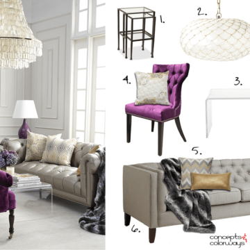 classy living room with purple and gold accents