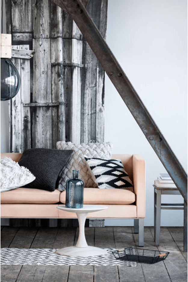 rustic industrial living room with peach sofa