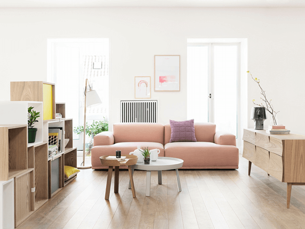 modern living room with dusty peach sofa