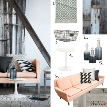 black and white interior with peach accents