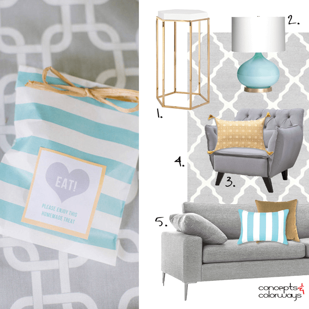 gray interior with turquoise and gold accents