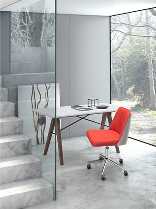 gray modern home office with bright red chair