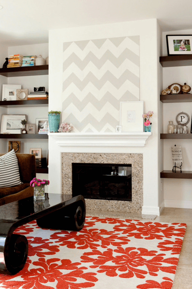 modern living room with bright red floral rug