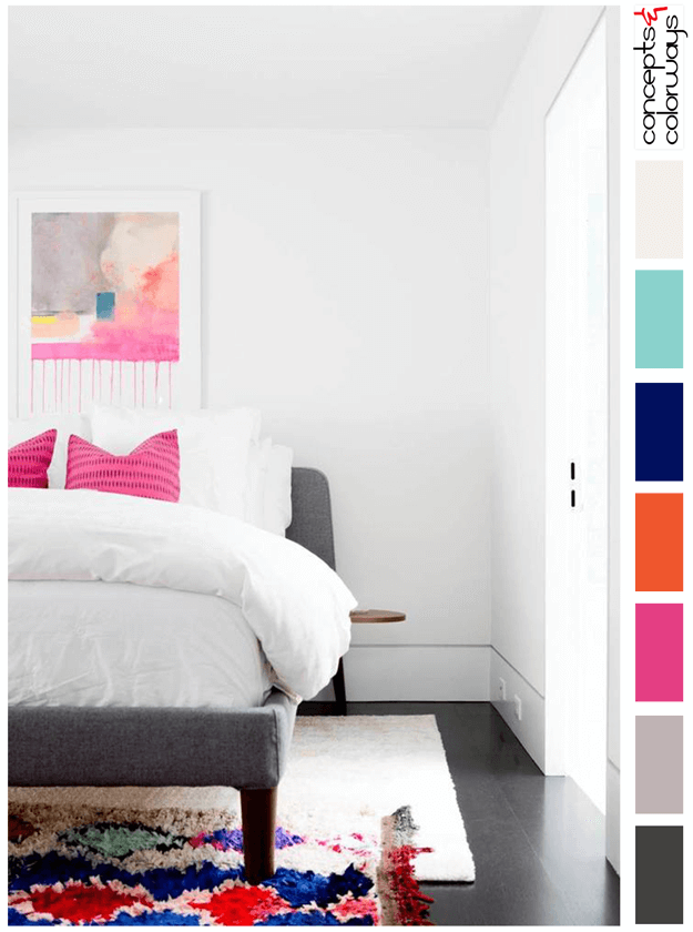 white bedroom with hot pink accents