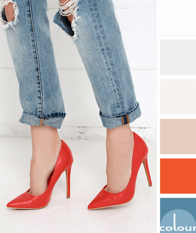 boyfriend jeans with bright red pumps color palette