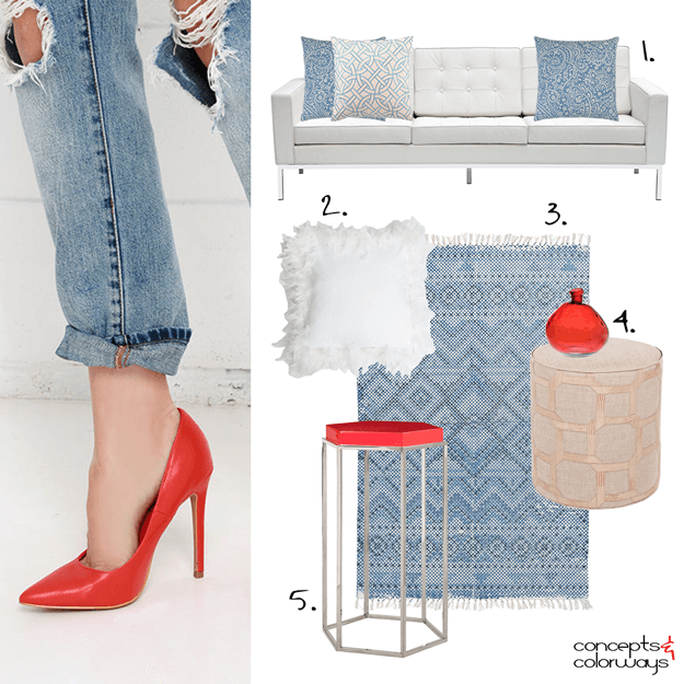 denim blue and bright red interior design