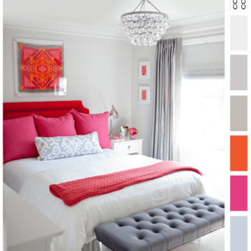 gray bedroom with bright red and pink accents