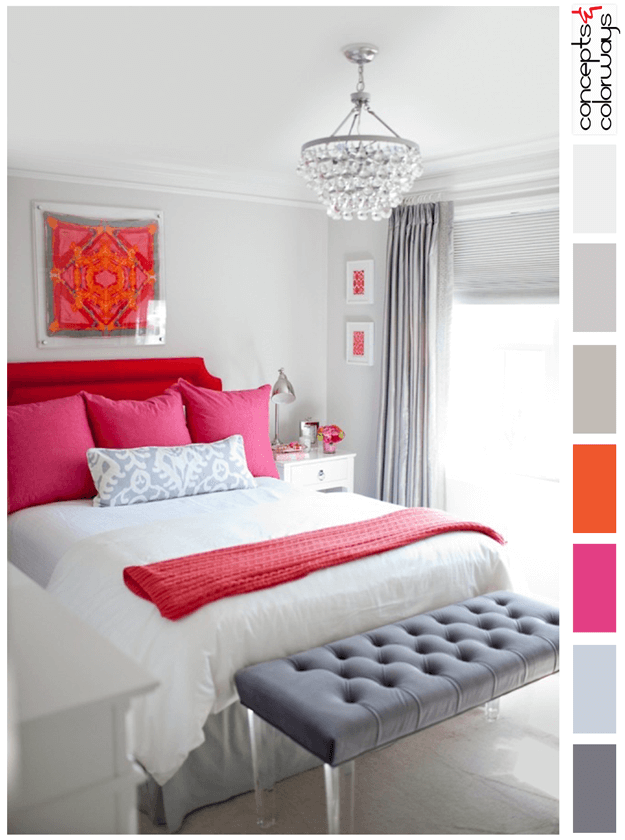 gray bedroom with bright red and pink accents