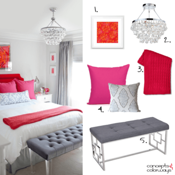 pale gray bedroom with red and pink accents