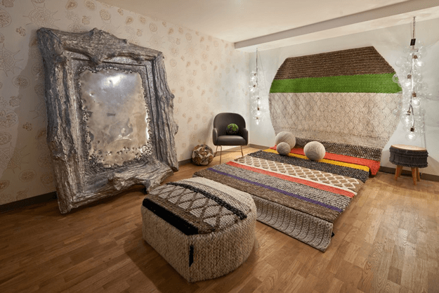 brown and moss green morocan style bedroom