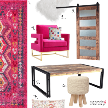 bright pink and reclaimed wood living room