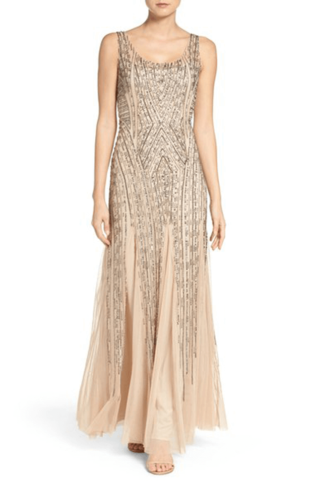 beige beaded tank gown