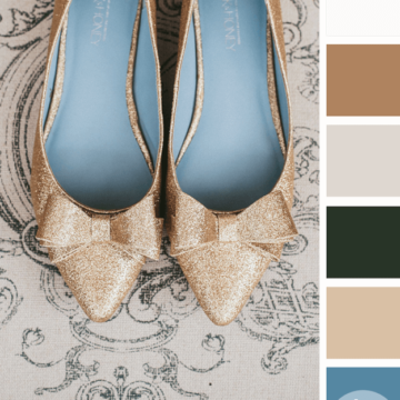 gold flats with slate blue interior on taupe background