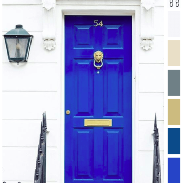 pantone lapis blue door in white stone wall