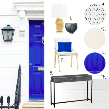 white interior design with bright blue accents