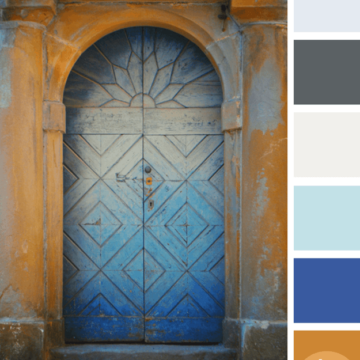 faded blue door in rust orange wall