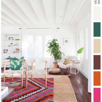 white bungalow style living room with colorful accents