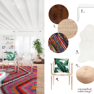 white bungalow interior mood board with colorful accents