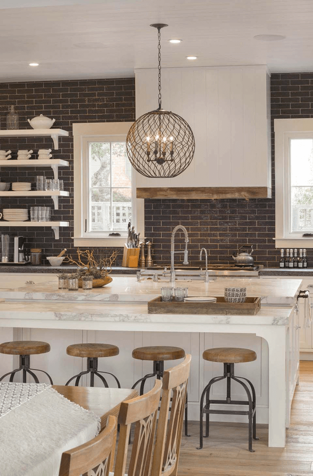 white kitchen with dark brown tile backsplash