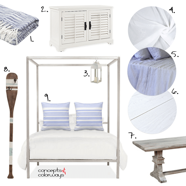 periwinkle and white beach style bedroom