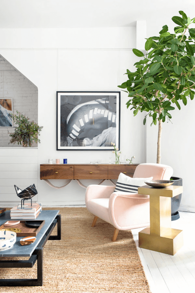 furniture shop interior with blush pink chair