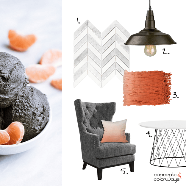 white dark brown and orange interior design mood board