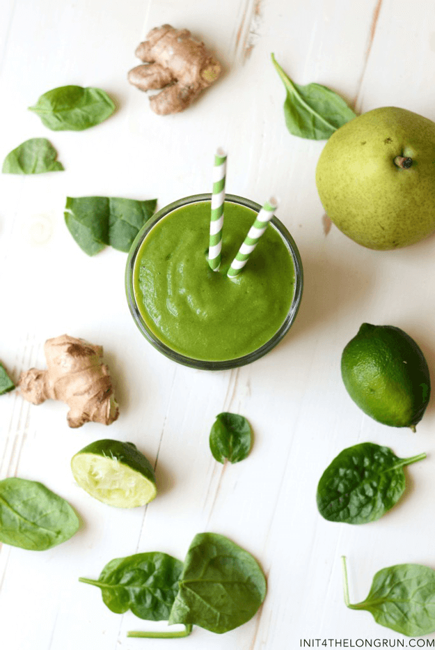 green smoothie on white table