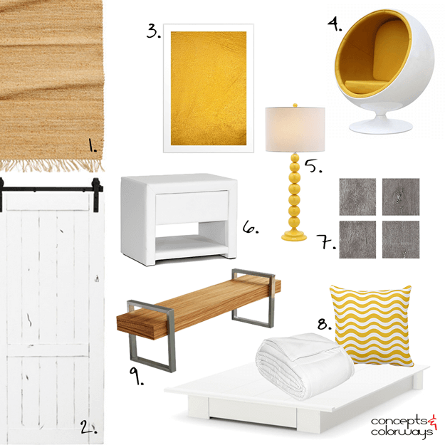 yellow and white bedroom design mood board