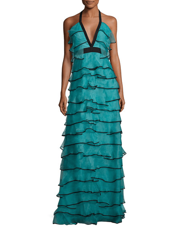 teal silk halter gown