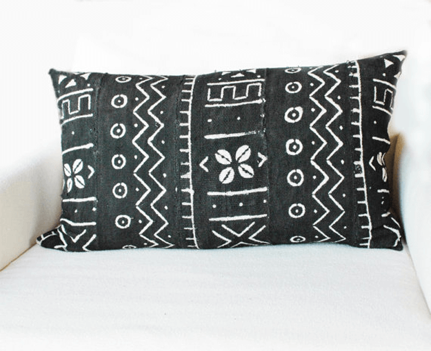 black and white mudcloth lumbar pillow