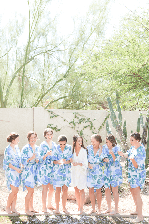 bridesmaids in blue floral robes