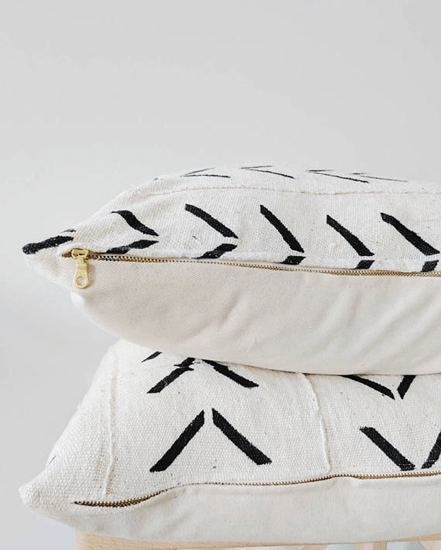 white mudcloth arrow tribal pillows