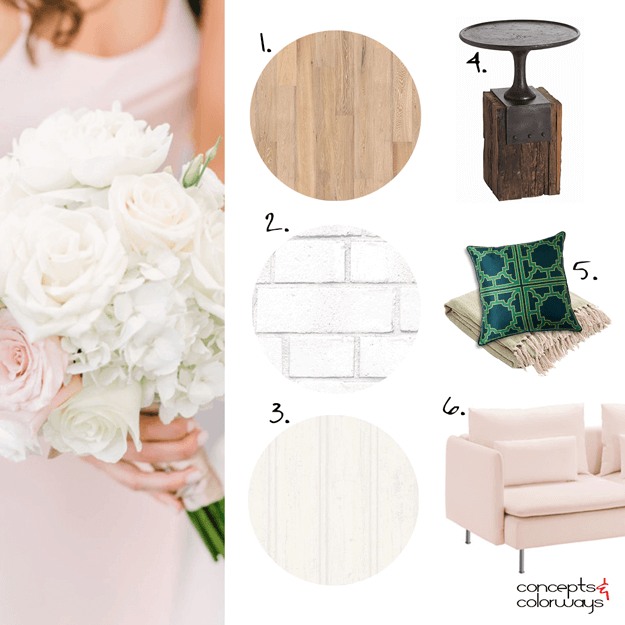 blush pink and white interior design mood board