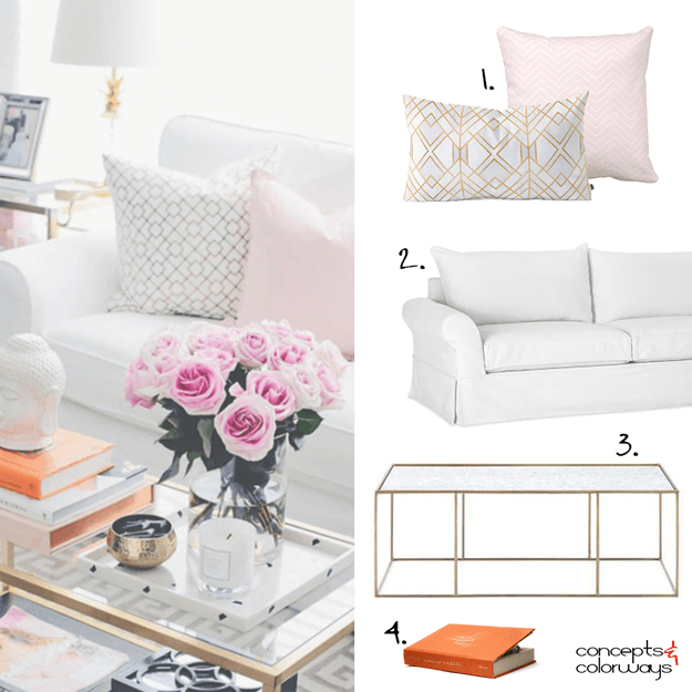 white living room with pink accents mood board