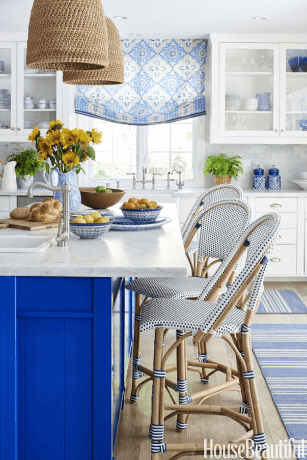 white kitchen with cobalt blue accents