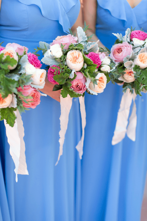 french blue bridesmaids dresses with pink bouquets