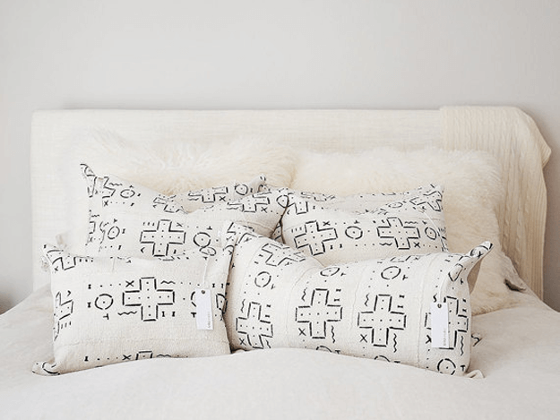 white mudcloth tribal pillows