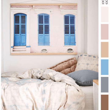 blush pink and blue bedroom
