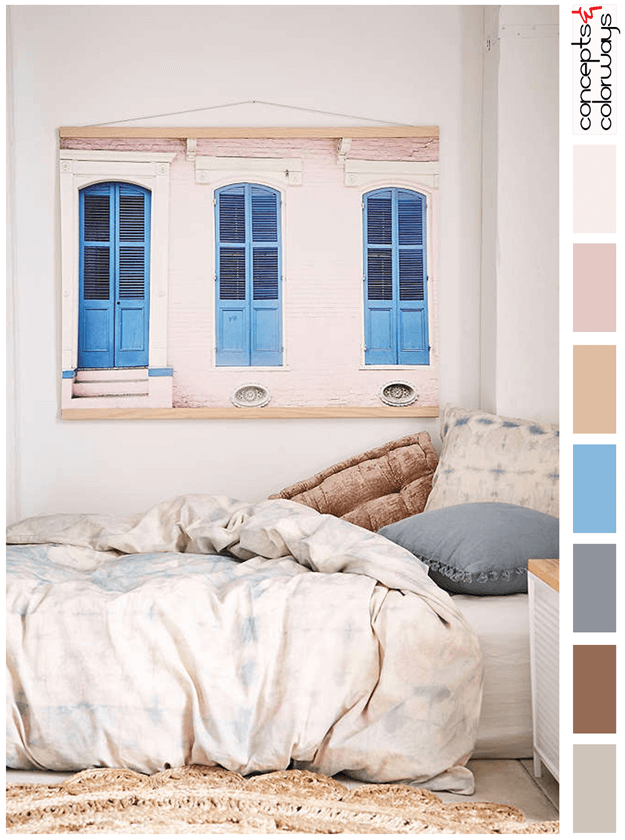 blush pink and blue bedroom